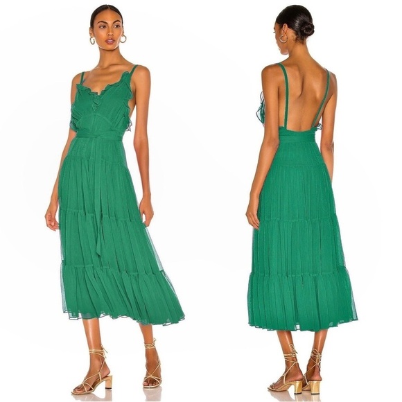 NWT ALEXIS Tasha Tiered Ruffle Belted Midi Slip Gown Dress in Palm Green - Picture 1 of 15